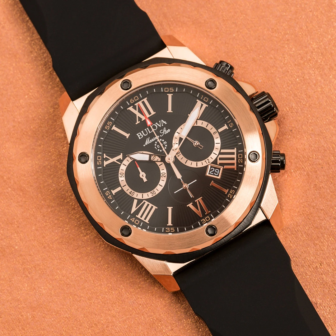 BULOVA / クォーツ腕時計/アナログ/ステンレス/WHT/GLD/SS/98B104 Bulova Marine Star Men's Rose Gold Black Dial Black Strap Watch